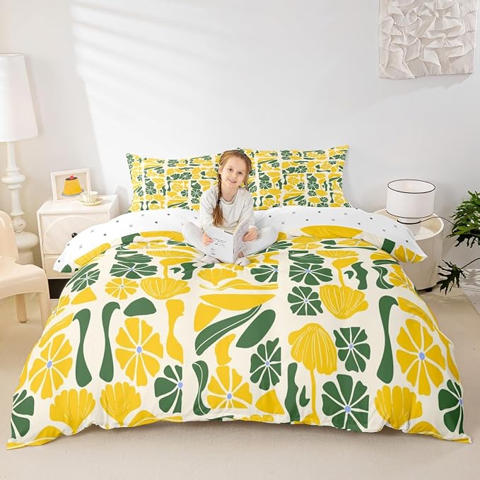 Erosebridal Retro Abstract Boho Bedding Set Queen Mid Century Modern Abstract Geometric Duvet Cover Cute Yellow Green Floral Plants Comforter Cover for Kids Adults,Vintage Patchwork Flower Bed Set