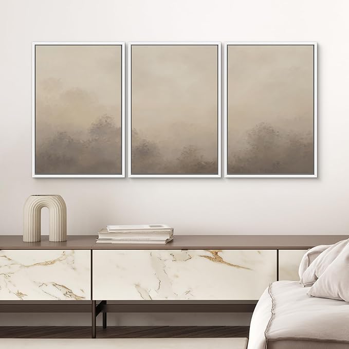 SIGNWIN Framed Canvas Print Wall Art Set Neutral Misty Forest Landscape Earth Tone Illustrations Modern Art Decorative Boho Relax/Zen Nordic for Living Room, Bedroom, Office - 24"x36"x3 White