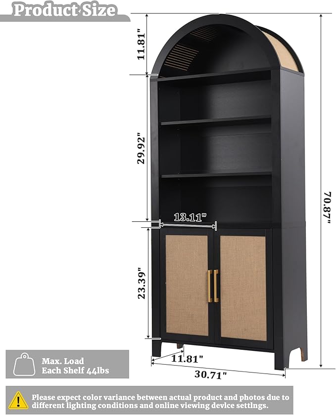 Janmer Home 71" Tall Arched Bookcase with Storage, Modern 6-Tier Arch Cabinet with Door, Arched Bookshelf Cabinet with Open Display Storage Shelf for Living Room (Black,)