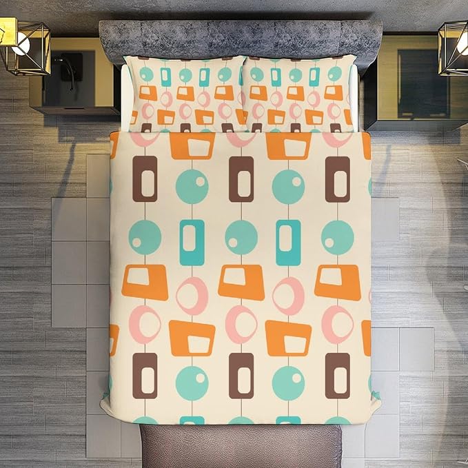Colorful Aesthetic Comforter Cover Geometry Bed Set, Retro Atomic Duvet Cover，Modern Mid Century Bedding Sets，Aesthetic Abstract Art Bedding 3 Piece (1 Duvet Cover 102"x90" + 2 Pillow Sham 20"x30")