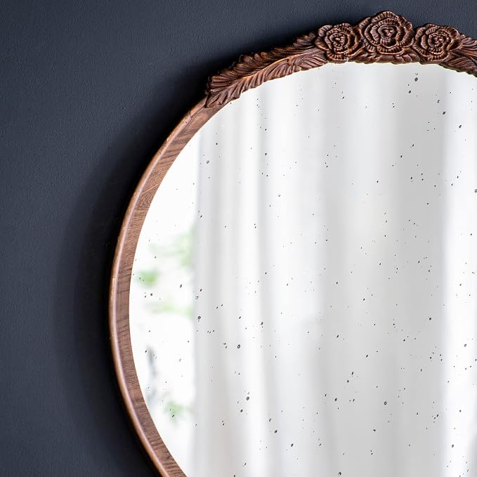 A&B Home Round Wood Mirror - 30" Circle Mirror with Hand Carved Antique Mirror Frame,Bathroom Living Room Bedroom Entryway Vanity Mirror, Dark Brown