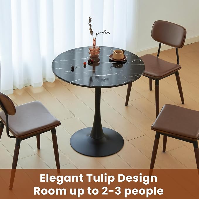 Round Dining Tulip Table for 2, Mid-Century Modern Table with Sturdy Metal Pedestal for Kitchen, Bistro, Cafe, Leisure (Faux Marble Black, 24 INCH)