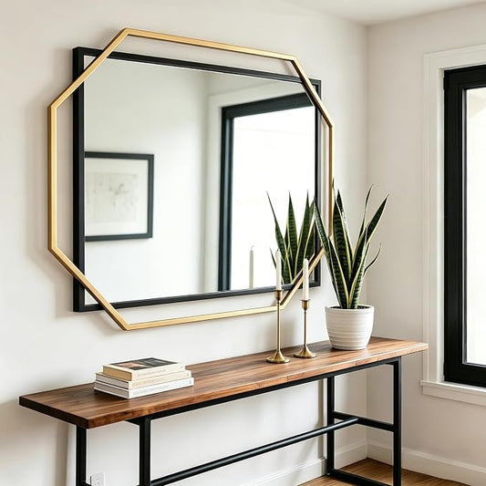 48.5"x32.5" Large Living Room Wall Mirror, Black and Gold Bathroom Mirror, Modern Decorative Metal Frame, for Dining Room, Entryway, Vanity Table, Console Table