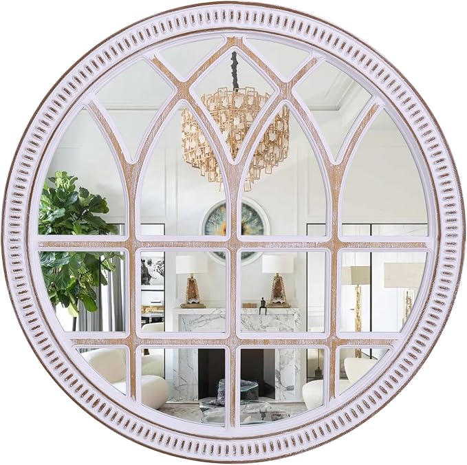 HOITUZYUS 36 Inch Decorative Round Wood Window Mirror | Large Farmhouse Windowpane Wall Mirrors for Entryway, Living Room, Bedroom, Dining Room & Mantel Decor