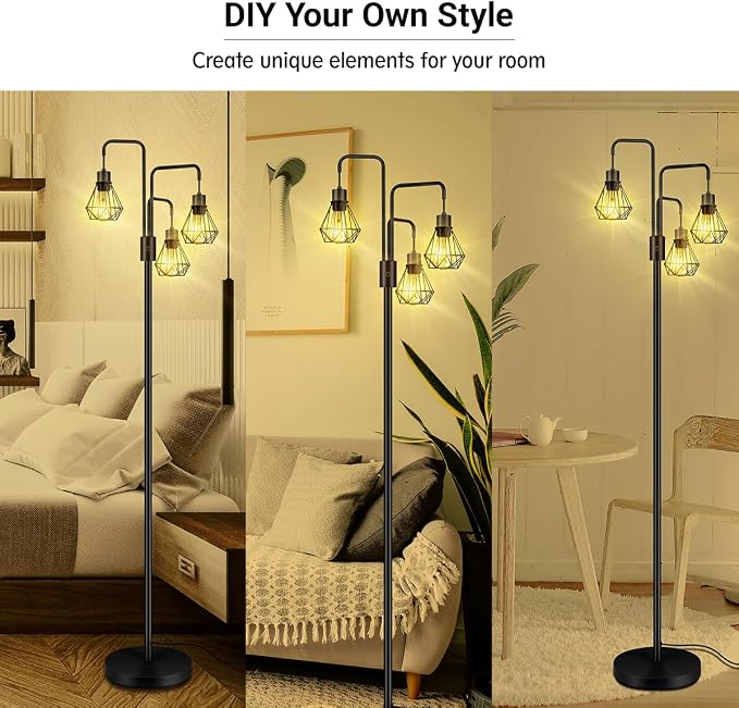 BoostArea Industrial Floor Lamp,Metal Diamond Lampshade,Modern Stand Up Lamp with 3 Light, Bulbs Not Included,Simple Design Floor Lamp for Bedroom, Living Room, Office, Kids Room, Reading