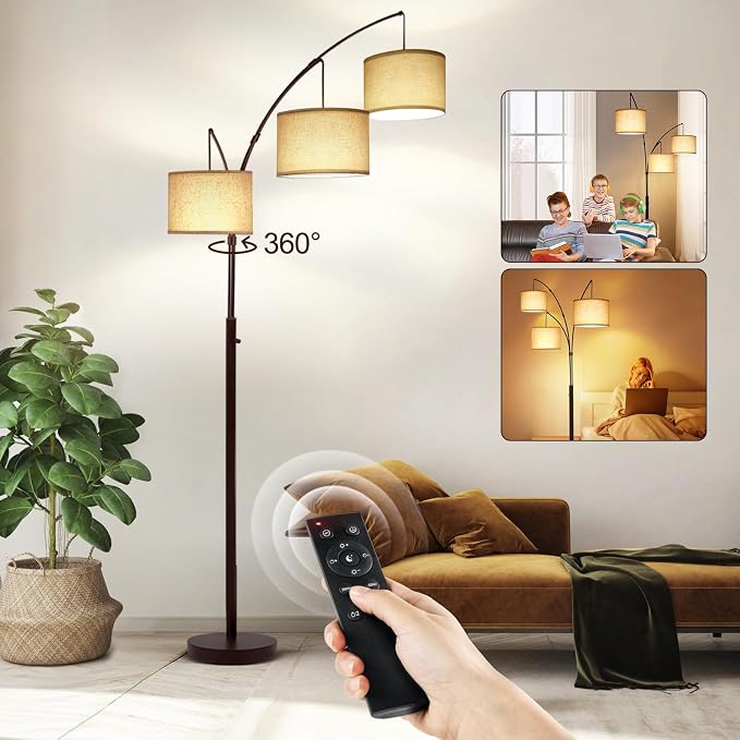 OUTON Floor Lamp with Remote Control, Modern Bright Lamps for Living Room, Adjustable 3-Light Tall Arched Lamp for Bedroom, Office, 2400lm Mid Century Design with Hanging Shade