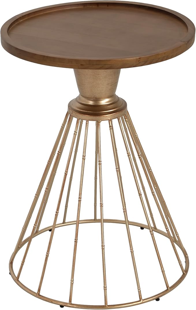 25" Pine Wood & Iron Side Table, End Table with Anti-Slip Concave Top, Small Table with Retro Hollow Design for Indoor Spaces, Antique Gold,Natural