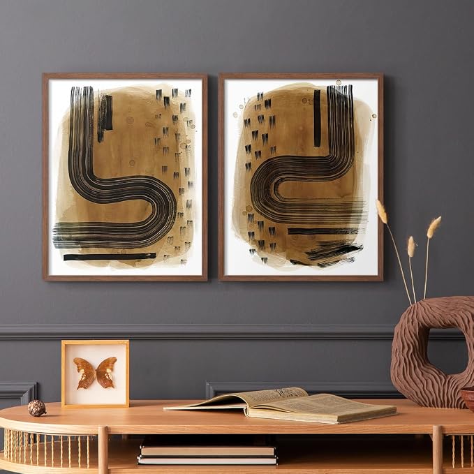 Renditions Gallery Set of 2 Peel & Stick Framed Prints, Abstract Wall Art, Hand Drawn Ink Curves Wall Decor, Re-Stickable - Ready to Hang - 11"x14" - Walnut Frame LT588