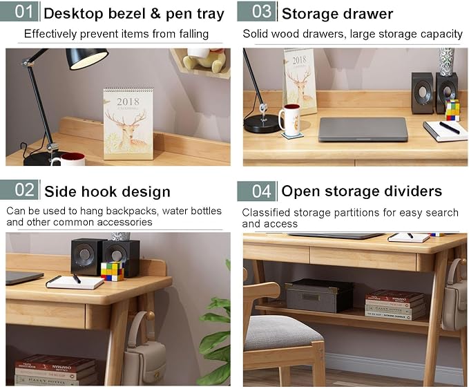 Solid Wood Writing Desk, Home Office Desk Workstation with Drawers and Hook, Mid-Century Modern Computer Work Study Table with Storage Shelf for Small Spaces(100x60x75cm(39x24x30inch), Walnut)