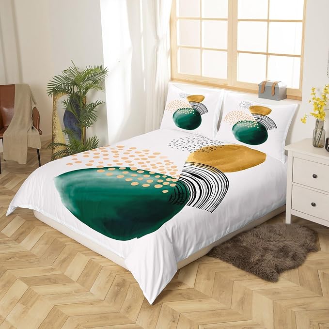 Erosebridal Abstract Artwork Duvet Cover King Geometric Circle Bedding Set, Aesthetic Minimalist Comforter Cover Blackish Green Turqoise Bed Set, Beige White Bedding Cozy Soft 3pcs (Zipper Closure)