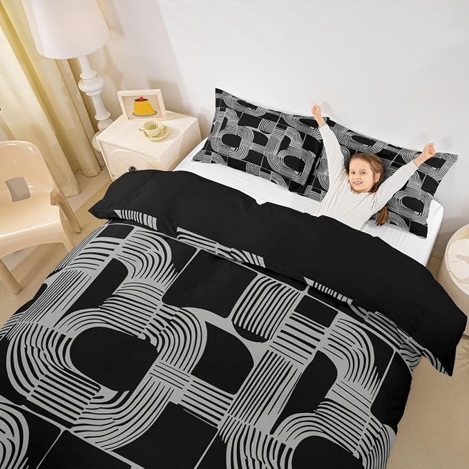 Erosebridal Mid Century Abstract Teens Duvet Cover Bohemian Geometric Bedding Set Full Size Modern Aesthetics Striped Comforter Cover for Kids Boys Adult Bedroom Boho Minimalist Stripes Bed Sets