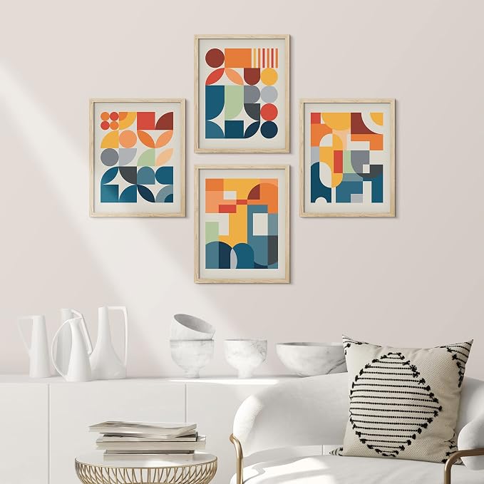 SIGNWIN Framed Mid-Century Modern Colorful Geometric Polygons Wall Art, Set of 4 Abstract Geometric Wall Decor Prints, Nature Wilderness Wall Décor for Living Room, Bedroom - 8"x10" Natural