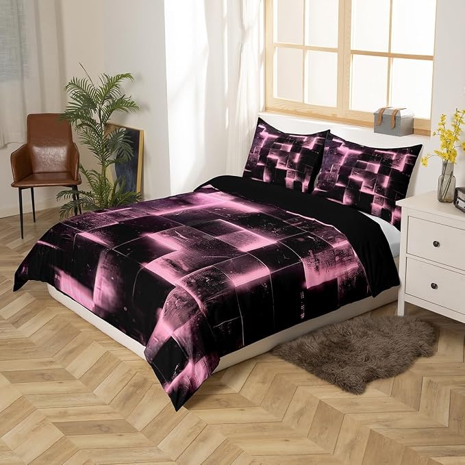 Erosebridal 3D Geometric Bedding Sets Full Abstract Aesthetic Comforter Cover Black and Pink Bed Set Glowing Futuristic Cubes Full Duvet Cover Neon Grid Quilt Cover (Black Reversible)