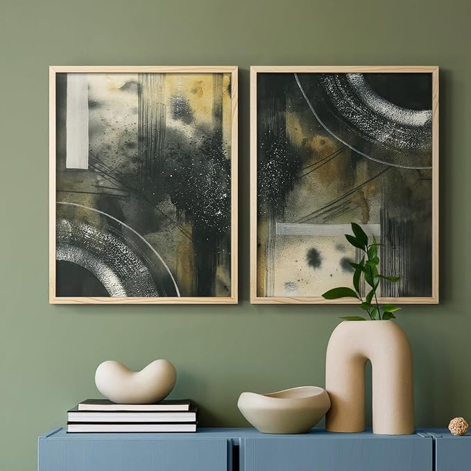 Renditions Gallery Set of 2 Peel & Stick Framed Prints, Moody Abstract Wall Art, Circular and Splattered Effects Wall Decor, Re-Stickable - Ready to Hang - 16"x20" - NATURAL WOOD Frame LT588