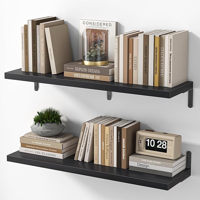Marsmiles Extra Wide Floating Shelves for Wall, 32x8 Inch Natural Wood Grain Bookshelves, Heavy Duty Mounted Shelving for Bathroom, Kitchen, Living Room, Bedroom,Set of 2，Black