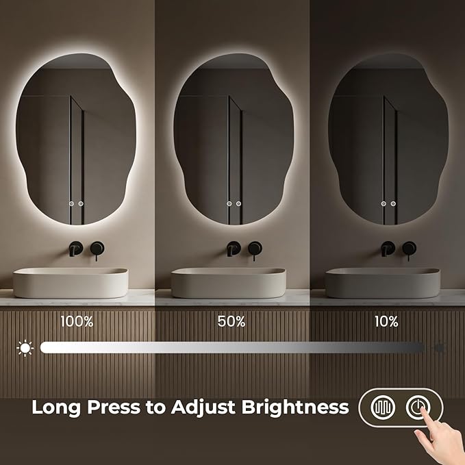 Asymmetrical Bathroom Mirror with Lights, Irregular LED Backlit Vanity Mirror, 31" H x 22" W, Anti-Fog, Dimmable Lighting with 3 Color Temperature, Memory, Hardwired, Vertical or Horizontal Mount