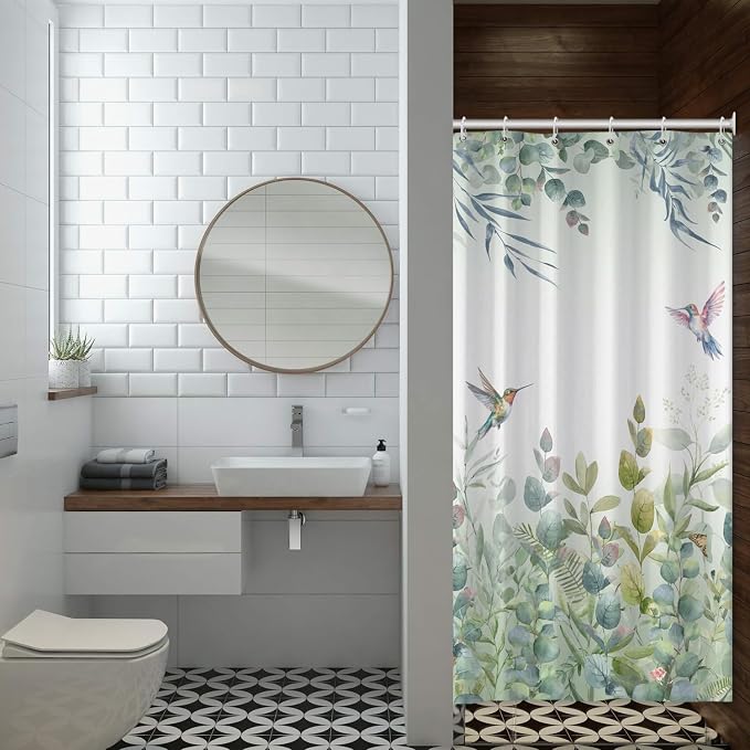 Green Leaf Shower Curtain Colourful Bird Eucalyptus Bathroom Curtain Plant Leaves Botanical Hummingbird Spring Summer Shower Curtain Sets for Bathroom Extra Long 54x72 in with 10 Hooks