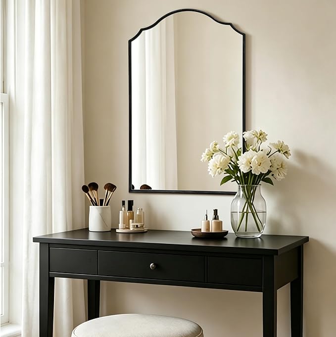 Besdomus Scalloped Black Mirror for Bathroom: 24"x36" Minimalist Modern Arched Mirror - Wooden Frame Wall for Vanity/Bedroom/Mantle/Entryway/Fireplace/Hallway - Idea for Housewife