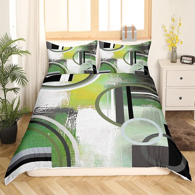 Geometric Swirls Duvet Cover Twin,Mint Green Brown Grey Bedding Set,Grunge Comforter Cover,Modern Watercolor Oil Painting Quilt Cover,Modern Texture Art Bedspread Cover Bedroom Decor 2 Pcs