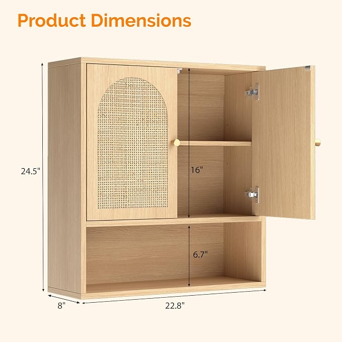 VINGLI Rattan Bathroom Wall Cabinet, Boho Medicine Cabinet with 2 Handwoven Rattan Doors & Adjustable Shelf, Wood Hanging Storage Cabinet with Open Shelf for Kitchen, Laundry, Entryway, Oak Finish