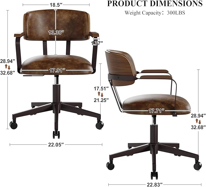 Mid-Century Modern Desk Chair with Walnut Bentwood Design,Retro Home Office Chair with Adjustable Height,360°Swivel,Smooth Rolling Casters,Small Computer Chair PU Leather (Brown)