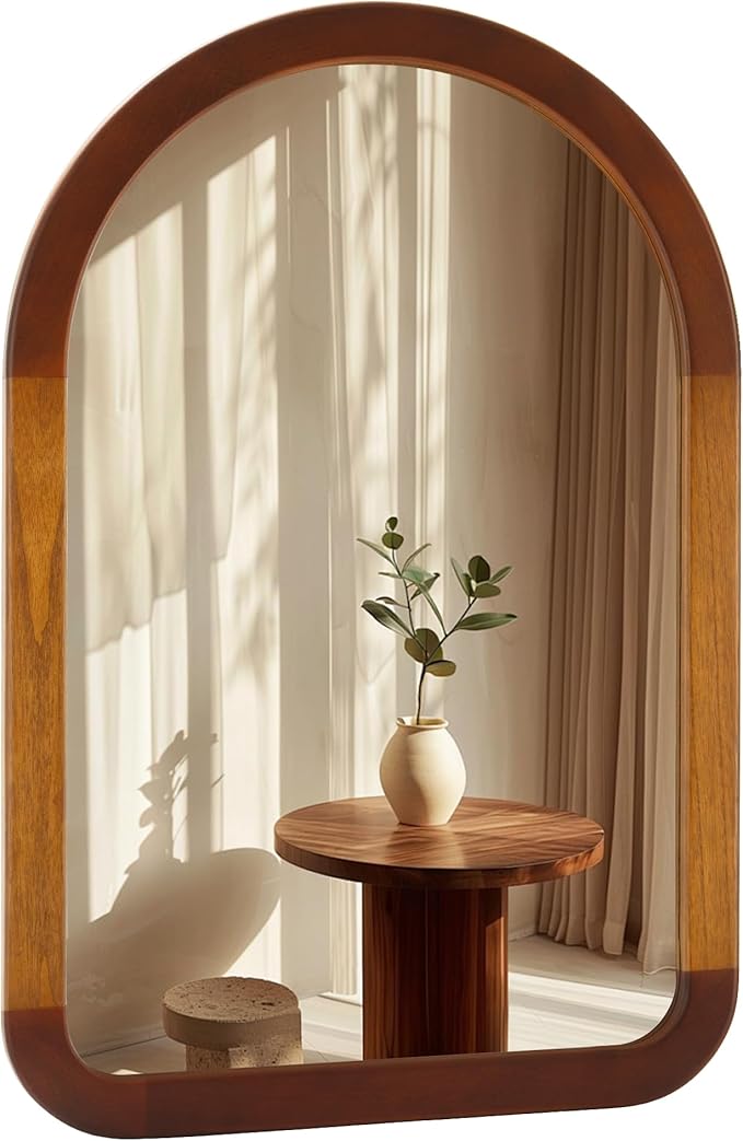 Arched Mirror 22 x 30 Inch,Brown Wood Rustic Bathroom Tempered Wall Mirror with Wood Frame,Round Corner Arch Farmhouse Wooden Vanity Mirror for Living Room,Entryway or Bedroom（Walnut Brown）