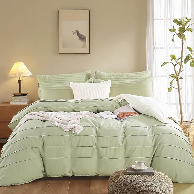 NEXHOME PRO 100% Organic Cotton Duvet Cover Full, Linen Like Pleated Textured Sage Green Duvet Cover Set, 3pc Bedding Set with Zipper Closure, Soft, Lightweight and Breathable (80"x90", No Comforter)