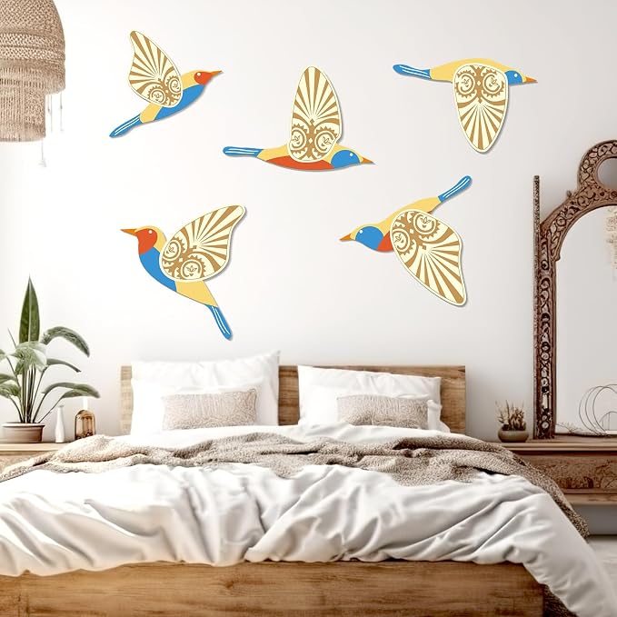 KOYILTD 5 Piece Bird Wood Wall Sculptures Wooden Wall Art Decor Scandinavian Home Decorations Flying Bird Wall Decor Farmhouse Wall Art for Home Living Room Bathroom Dining Room (Multicolor)