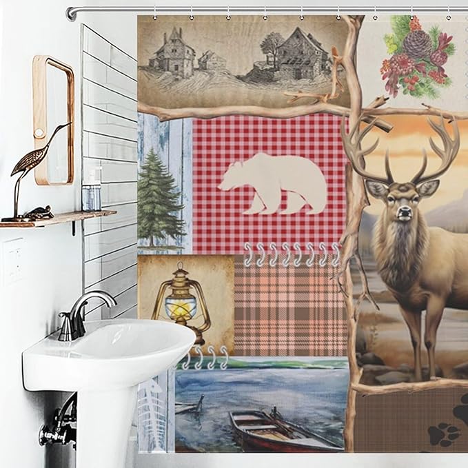 Retro Bear Rustic Shower Curtain, Farmhouse Country Antique Moose Bear Forest Vintage Wood Hunting Camping Waterproof Shower Curtains for Bathroom Decor 12 Pack Hooks 72x72in (183x183cm)