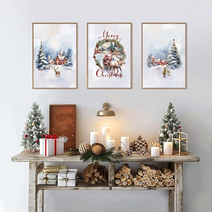 HPINUB Christmas Santa Reindeer Framed Canvas Wall Art Set Sleigh Deer Winter Snow Forest Tree Wall Decor Wonderland Art Print for Living Room,Bedroom,Party-24 x36 x3