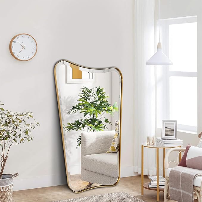 POZINO Irregular Beveled Mirrors, 24"x40" Brushed Gold Vanity Mirror for Over Sink, Brass Unique Shaped Mirrors Decorative, Rectangle Wall Mirror for Bathroom Living Room Bedroom Hallway Entryway