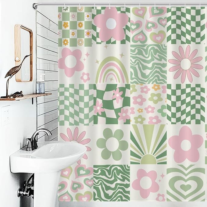 70s Floral Shower Curtain for Bathroom,Rustic Hippie Green Groovy Rainbow Swirl Checkered Cute Funky Trippy Vintage Boho Waterproof Fabric Shower Curtain Set with Hooks, 72"x78"