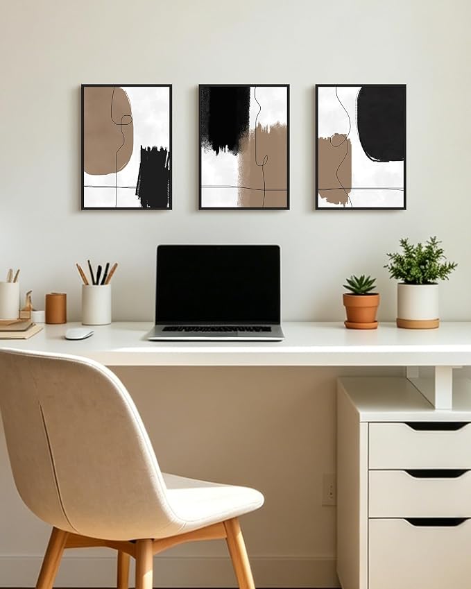 KUVIOKE Neutral Abstract Framed Wall Art Beige Mid Century Textured Wall Decor Minimalist Line Modern Illustrations Art Print Home Decor 11x14in (Black Framed)