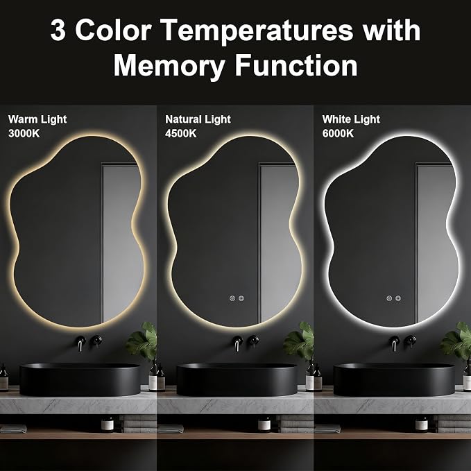 Asymmetrical Lighted Mirror for Bathroom,Modern LED Vanity Mirror with Backlit,Fog-Free,Tri-Color Dimmable Lighting with Memory Function,Hardwire Ready [Horizontal/Vertical] 40" H x 30" W