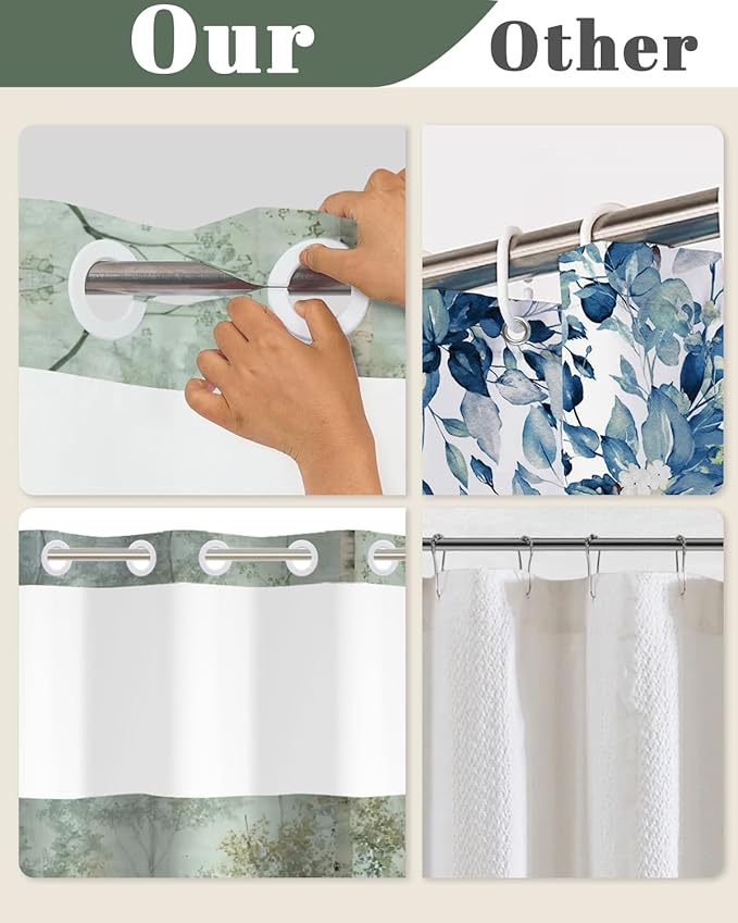 No Hook Shower Curtain and Liner Set, Birch Tree Forest Double Layer Waterproof Fabric Bath Tub Curtain for Rustic Farmhouse & Woodland Bathroom Decor, See Through Top, 71 x 74 Inch