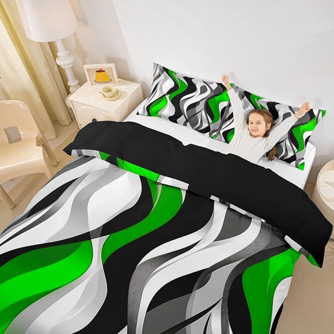 Green Black Stripes Duvet Cover Set King Size,Abstract Simple Wave Striped Bedding Set,Boys Girls Room Decor,Contemporary Art Geometric Comforter Cover,Comfy Quilt Cover,2 Pillowcases(No Filler)