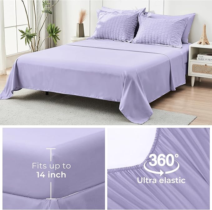 HYMOKEGE Light Purple California King Comforter Set Seersucker 7 Pieces, All Season Luxury Bed in a Bag for Bedroom, Bedding Set with Comforter, Sheets, Pillowcases & Shams