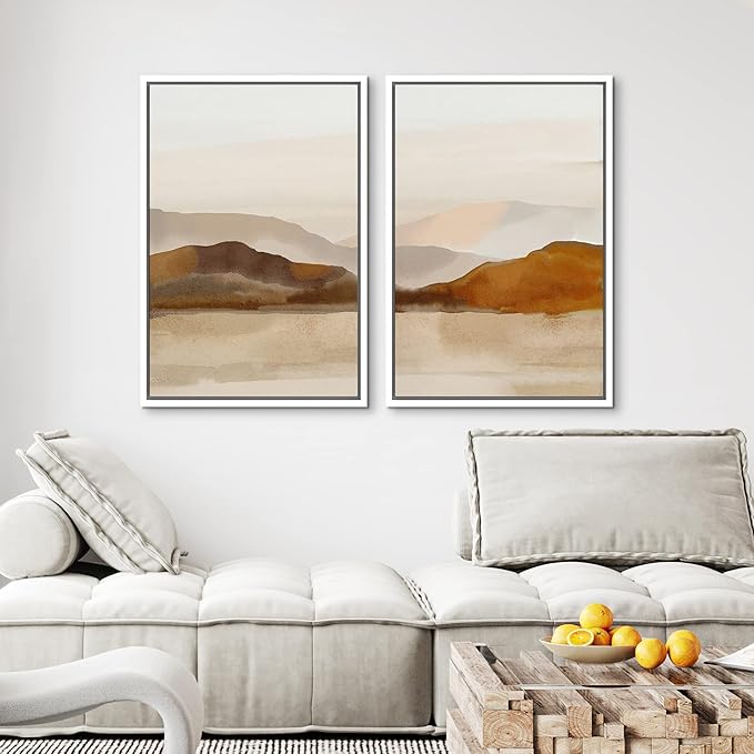 MUDECOR Framed Canvas Print Wall Art Pastel Brown Mountain Range Ocean Lake Wilderness Nature Illustrations Modern Art Decorative Calm/Relax Multicolor Rustic Minimal for Bedroom - 16"x24"x2 White