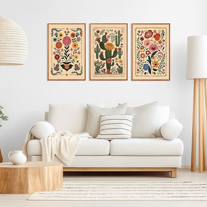 HLNIUC Vintage Flower Framed Canvas Wall Art,Colorful Desert Cactus Flowers Wall Decor Set of 3(24”x36”) Botanical Floral Butterfly Wall Painting,Large Desert Plant Art Print for Living Room,Office