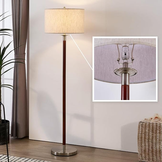 Floor Lamp, Modern Lamp with Dimmer Switch and Bulb, Mid Century Lamp with Linen Shade, Great Living Room Décor, Tall Lamp, Standing Lamp for Bedroom and Office, Walnut Wood Finish