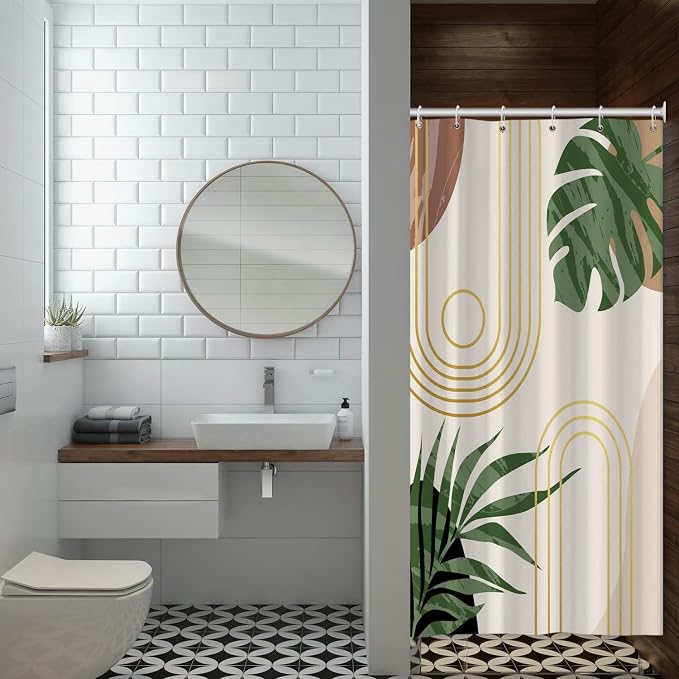 Boho Sage Green Shower Curtain Bohemian Mid Century Geometric Abstract Curve Bathroom Curtain Palm Leaf Polyester Shower Curtain Sets for Bathroom Extra Long 54x72 in with 10 Hooks