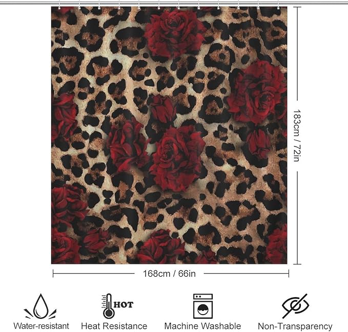 Leopard Rose Flower Shower Curtain Brown Wild Animal Skin Print Cute Red Rose Floral Valentine's Day Creative Modern Art Waterproof Shower Curtains for Bathroom Decor 12 Pack Hooks 66x72in（168x183cm）