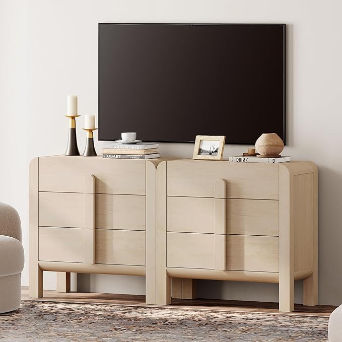 WAMPAT Large Sideboard Buffet Cabinet with Storage with 6 Drawers,Modern French 63" W Buffet Cabinet with Storage,Wood Coffee Bar Cabinets with Curved Edge Design for Kitchen Living Room,Light Oak