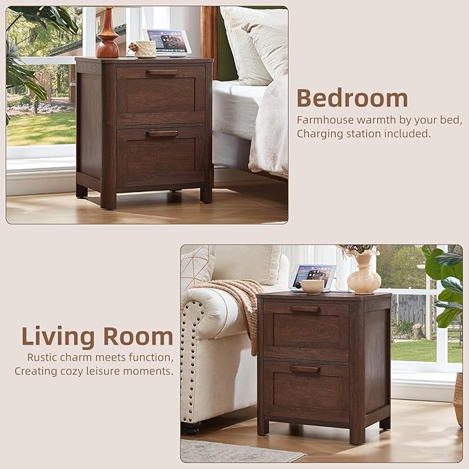 Farmhouse Nightstand with Charging Station, End Tables Bedroom with 2 Large Drawers & 4 Thickened Table Legs, Walnut