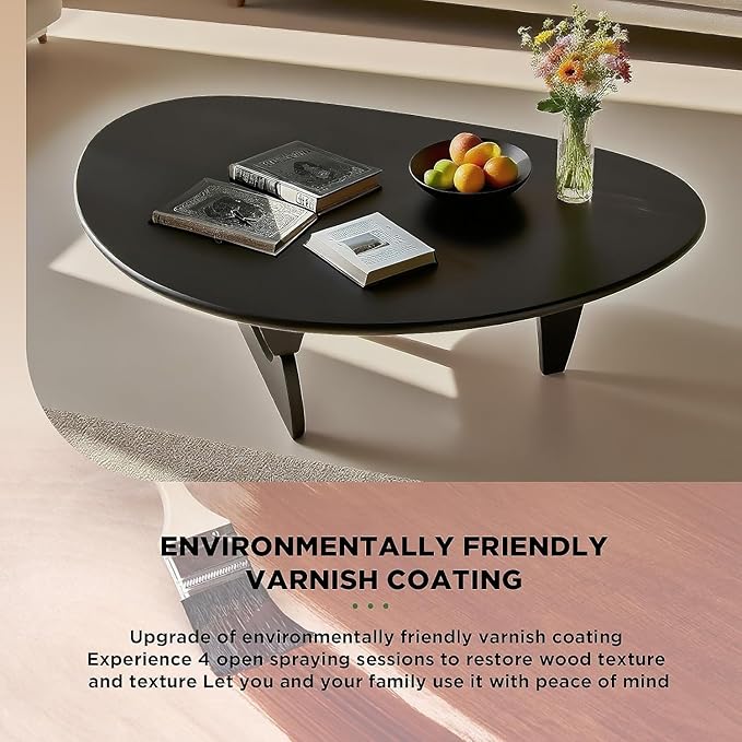 Solid Wood Triangle Coffee Table,Unique Mid Century Modern Oval Coffee Table,Irregular Geometric Tea Tables for Home Living Room with Wooden Tabletop and Reinforced Legs Black 35" L x 24" W x 16" H