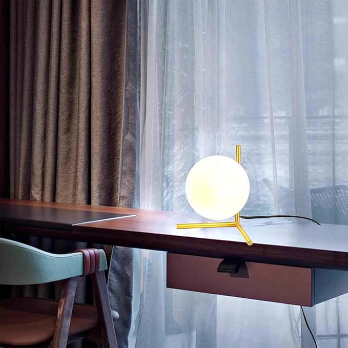 Glass Table Lamp, Minimalist Nightstand Lamps, Metal Standing Reading Light with Glass Ball Shade, Gold Desk Lamp for Bedroom, Office, Study Room, Kids Room (Gold-B-Style)