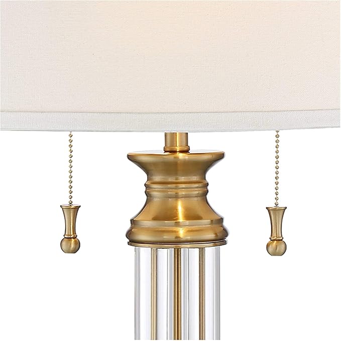 Vienna Full Spectrum Rolland 3-Way Table Lamp with Table Top Dimmer 30" Tall Antique Brass Crystal Column Off White Tapered Drum Shades for Living Room Bedroom House Bedside Nightstand Home Office