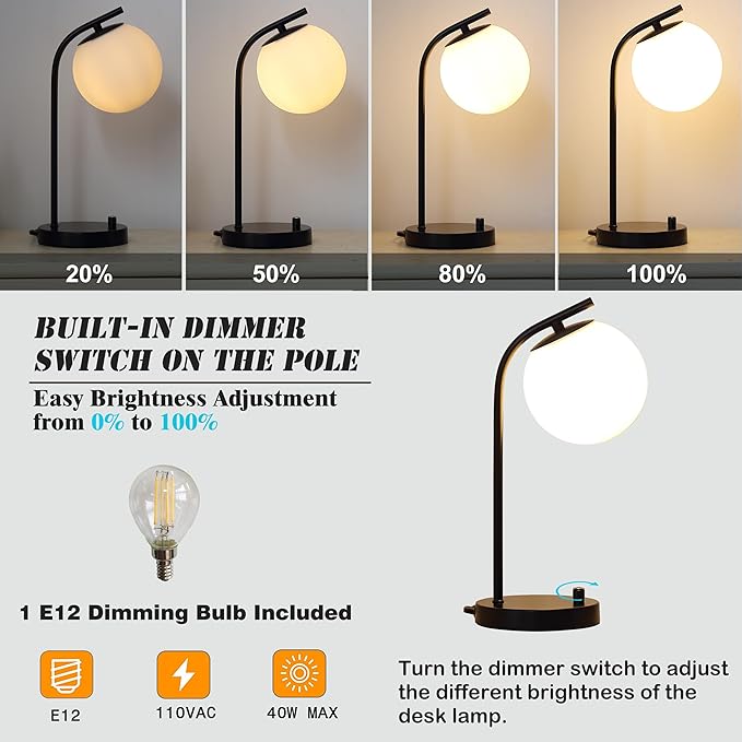 Black Globe Dimmable Table Lamp Minimalist Nightstand Lamps Mid Century Modern Desk Lamp with Milk White Glass Shade Metal Base for Dorm, Living Room Bedroom, Office,Kids Room (Tall-Black)