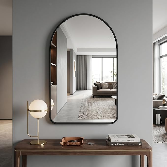 HARRITPURE 24"x36" Arched Bathroom Mirror, Wall Mounted Mirror, Black Arch Mirror, Aluminum Alloy Frame Wall Mirror for Living Room, Bedroom, Entryway