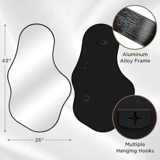 Irregular Wall Mirror, 26"x43" Black Abstract Asymmetrical Mirrors for Wall, Decorative Cloud Aesthetic Mirror for Bathroom, Bedroom, Cloakroom, Entryway, Shatter-Proof Aluminum Alloy Frame